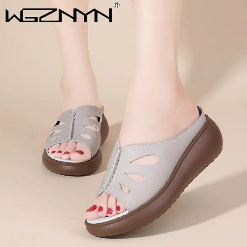 

Women Slippers 2023 Ladies Summer Soft Genuine Leather Shoes Female Wedge Heels Fashion Mules Platform Comfortable Slide Sandals