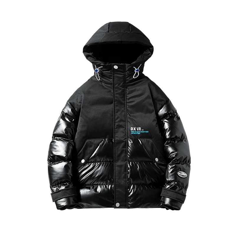 2022 Winter Nieuwe Streetwear Glossy Mannen Hooded Parka Koreaanse Mode Patchwork Big Pocket Glimmende Jas Man