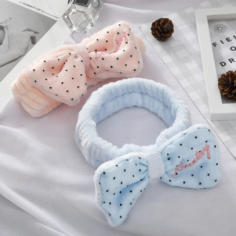 

Wash Face Turban Headwrap Polka Dot Bow-knot Hairbands Elastic Hair Bands Hair Accessories Soft Coral Fleece Bow Cross Headband