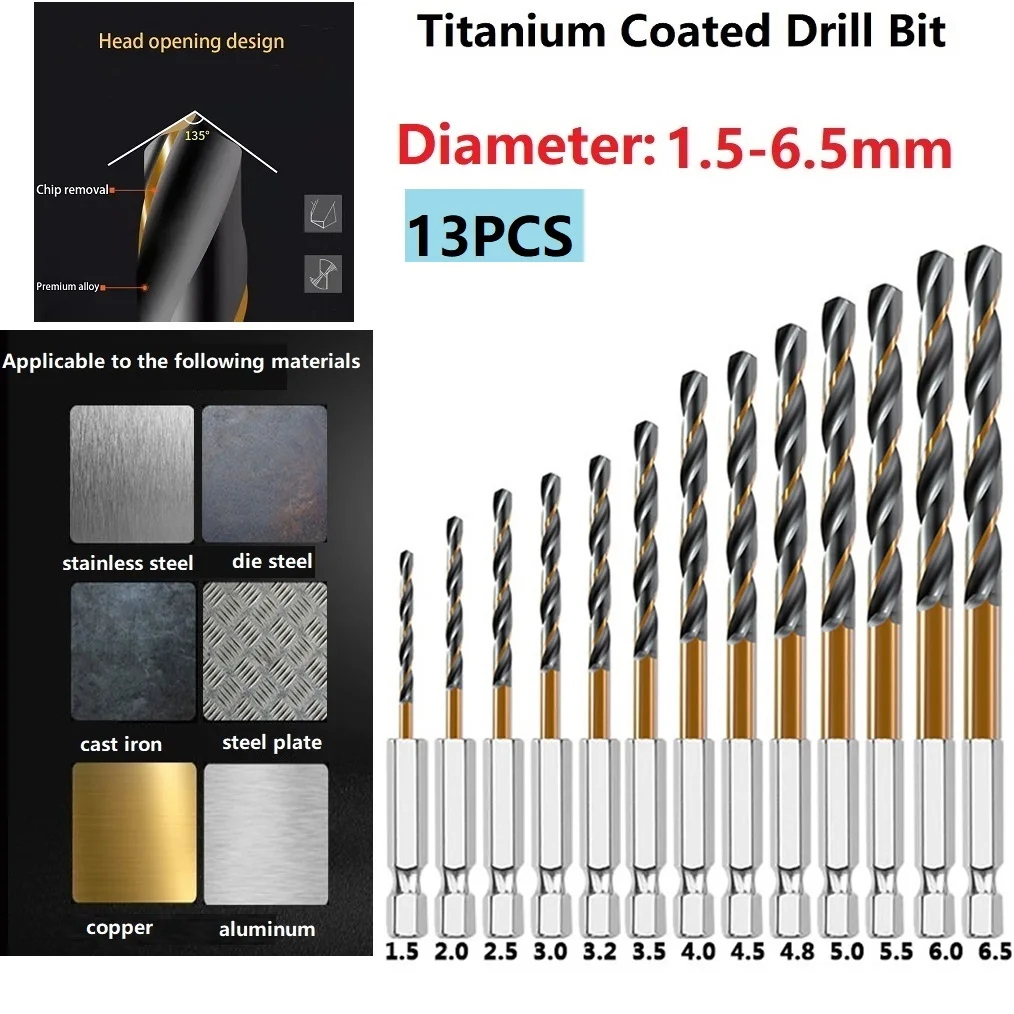 

13pcs HSS High Speed Steel Titanium Coated Drill Bit Set 1/4 Hex Shank 1.5-6.5mm Hexagonal Handle Twist Drill Tools Drilling Bit