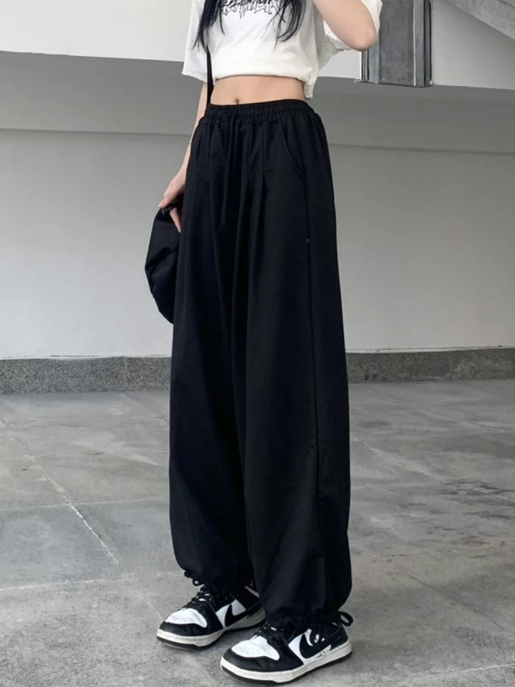 HOUZHOU Casual Women Black Sweatpants Gray Joggers Basic Wide Leg Trousers Korean Fashion Baggy High Wasit Female Pantalones