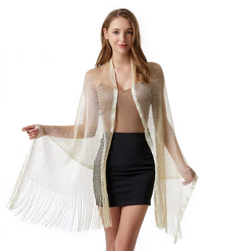 

2023 New Polyester Mesh Scarf Rayon Shawl Golden Summer Hollowed Toe Box Scarf Dual-Use Factory in Stock