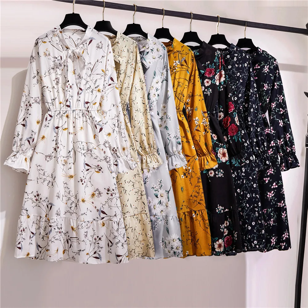 

2022 Floral Print Women Dress Female Autumn Long Sleeve Vintage Chiffon Bow Tie Neck Office Lady Shirt Dress Summer Vestidos