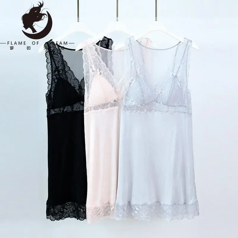 Spring summer New Silk Acetate Sleeping dress Lace Sexy One-piece Silk Sling Bottom nightwear