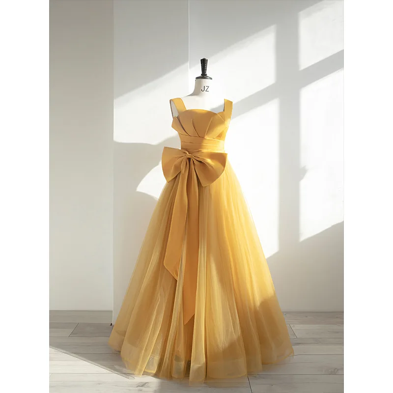 Women Yellow Long A-line Tulle Evening Dresses Vestidos De Fiesta Elegant Bow Formal Party Gowns