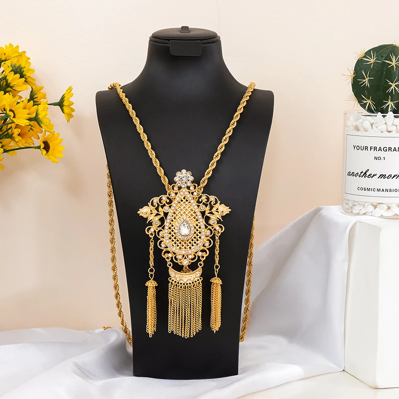 

Fatima Store Moroccan Wedding Jewelry Luxury Gold Plated Crystal Chain Kaftan Wedding For Women Water Drop Jewelry