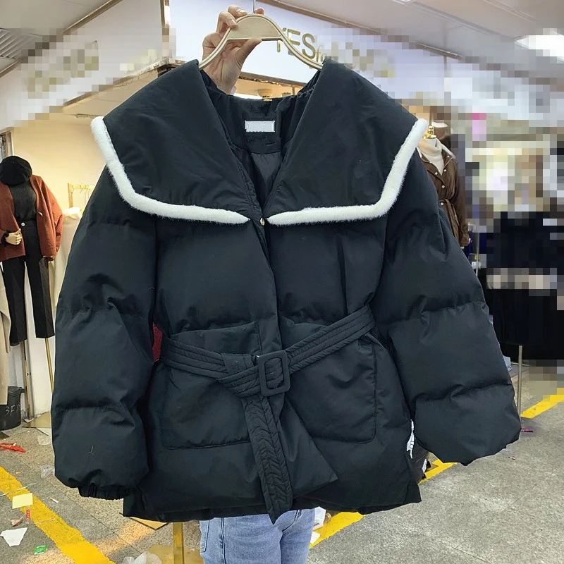 Winter Jacket Women Thick and Warm Korean Version of The Navy Collar Waist Mid-length Cotton Clothes Elegant Loose Coat Women