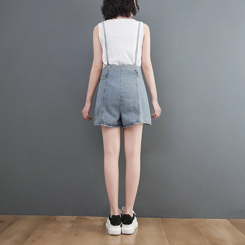 Denim strap shorts Women's blue summer large size 2023 new youth fashion high waist rough hem loose straight leg pants