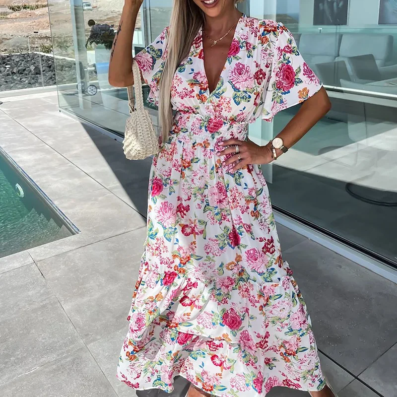 

Boho V-Neck Short Sleeve Women Dress Fashion Draped Pleated Long Party Dress Summer Floral Print Elastic Waist A-Line Maxi Dress