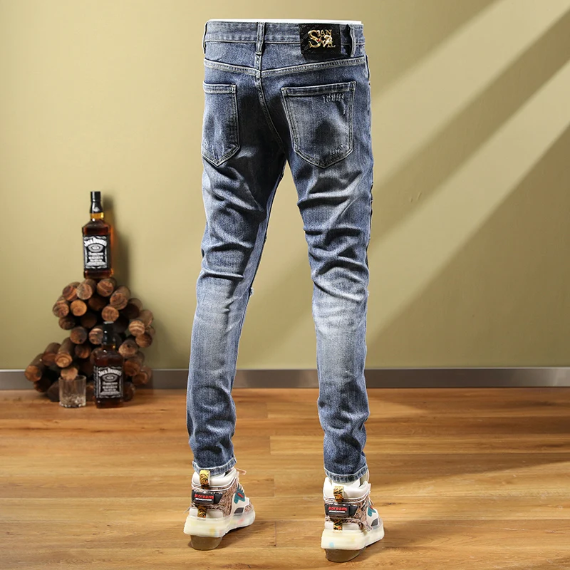 Fashion Designer Men Jeans Retro Blue Elastic Slim Ripped Jeans Men Gray Patched Hip Hop Pants Hombre Spliced Stretch Trousers