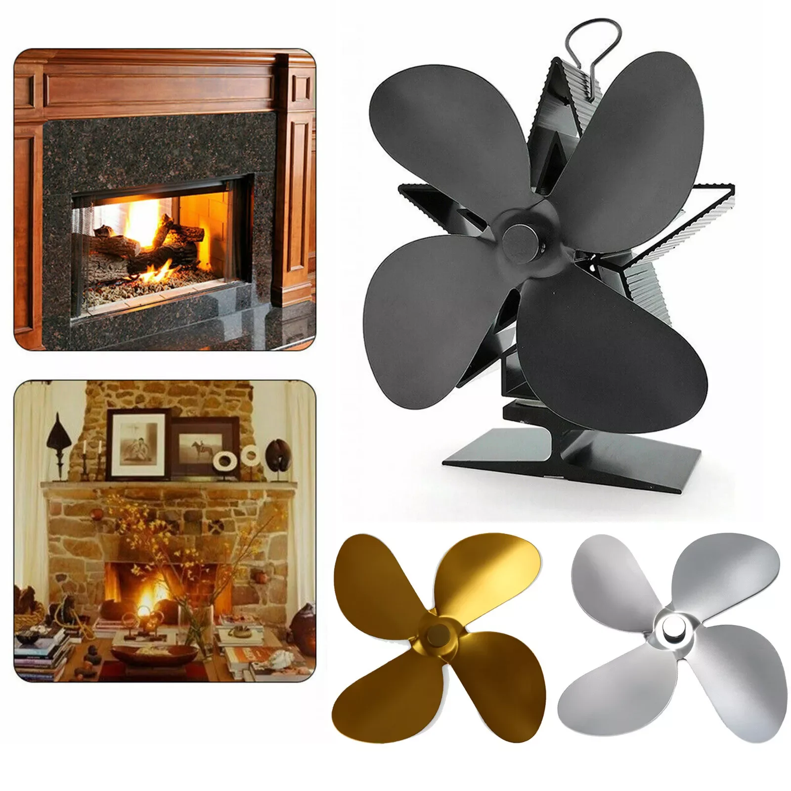 

Blade Black Fireplace Fan Leaf Heat Powered Wood Stove Fan Wood Burner Fireplace Fan Accessories Efficient Heat Distribution
