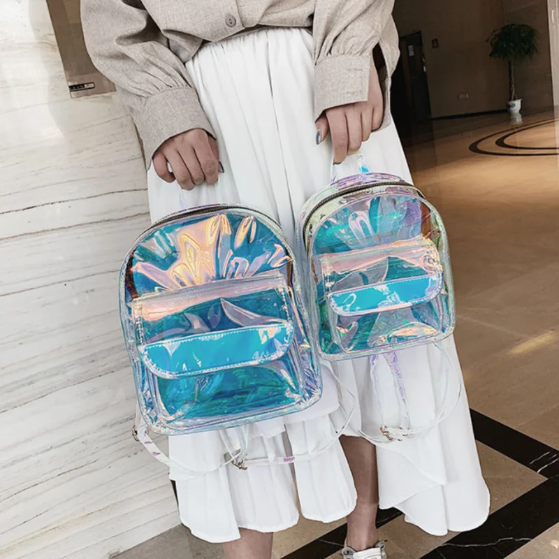 

Women Summer PVC Silver Laser Backpack Transparent Clear Ita Bag Teen Girls Harajuku School Bag Kawaii Holographic School Bags