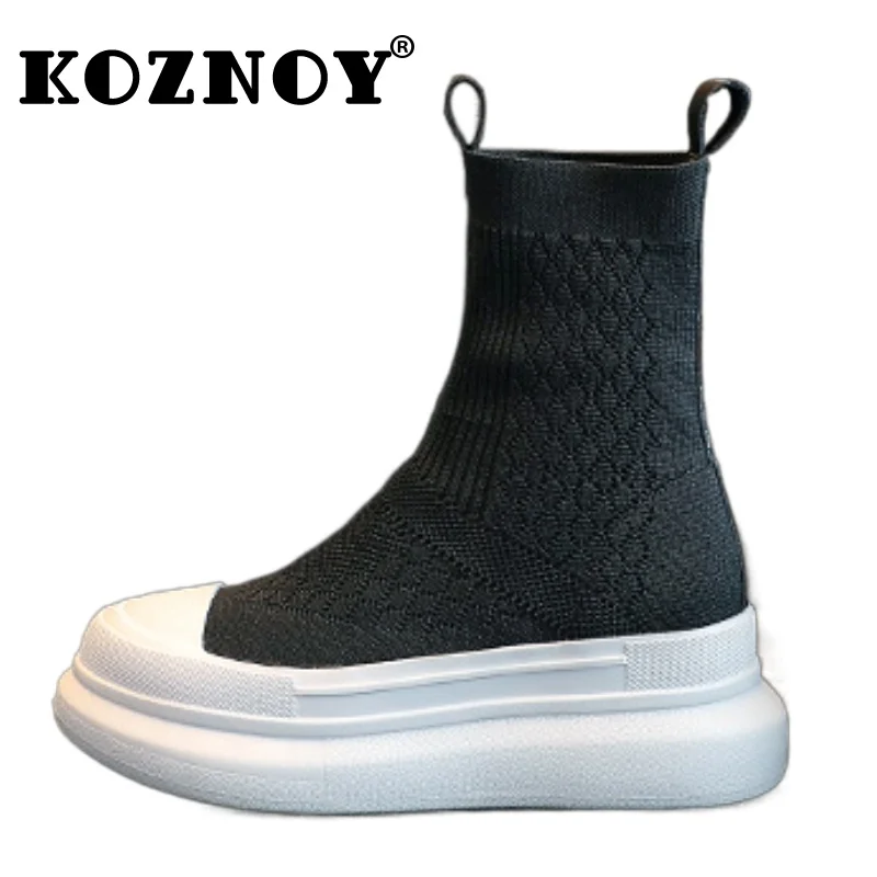 

Koznoy 3cm Cowboy Elastic British Autumn Mary Jane Woman Ankle Mid Calf Booties Spring Stretch Sock Knitting Boot Fashion Shoes