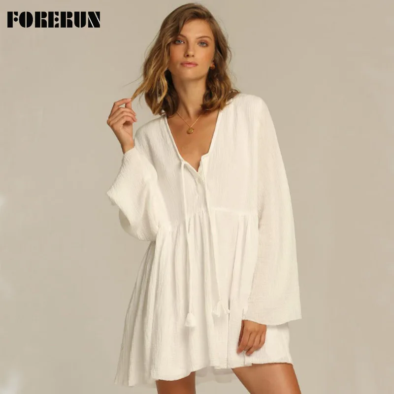

Женское пляжное платье FORERUN, белое свободное повседневное мини-платье со шнуровкой и длинным рукавом, летний купальный костюм