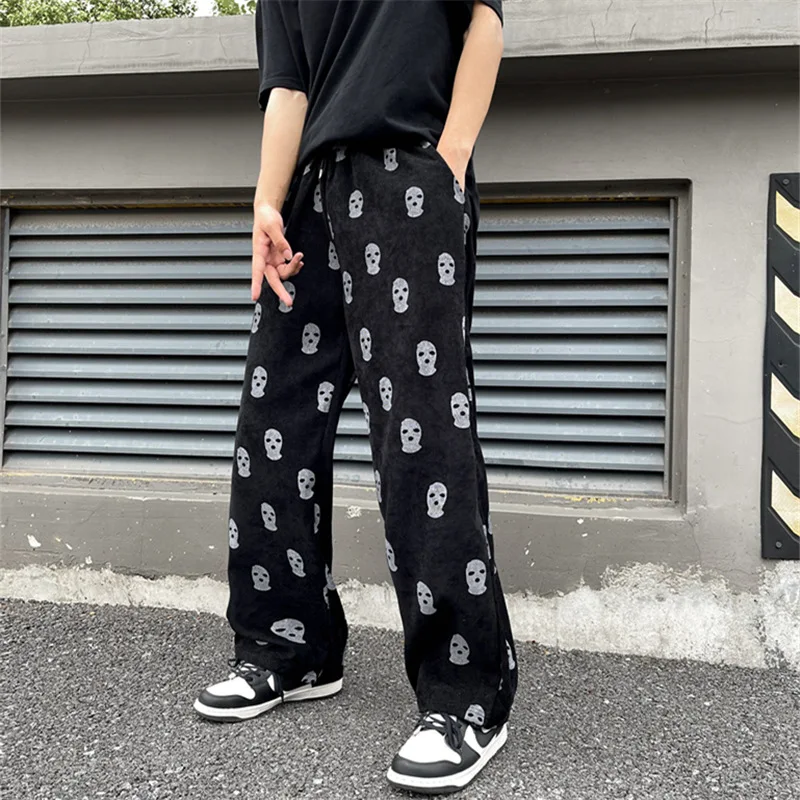 

2021 Preppy Style Skull Full Print Drawstring Casual Corduroy Men Baggy Pants Hip Hop Straight Sweatpants Male Loose Trousers
