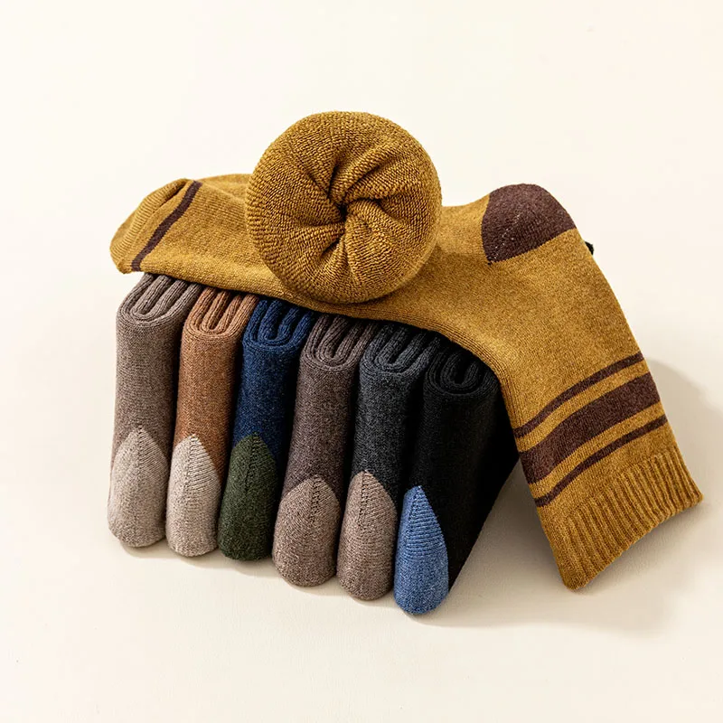 Men's Cotton Socks Winter Warm Socks Striped Fashion Casual Thick Harajuku Retro Terry Man Long Socks 5 Pair