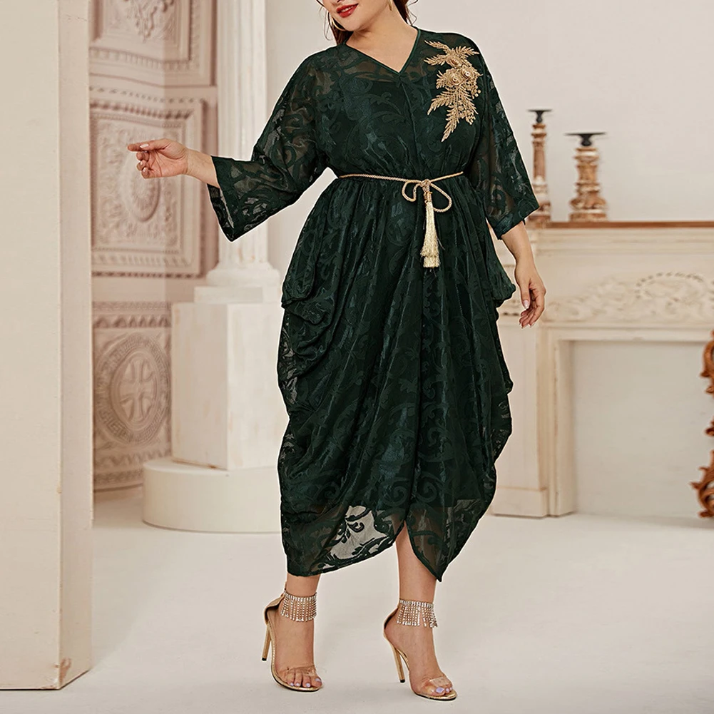 

Women's Plus Size Dress Green Belt Elegant Muslim Evening Party Wedding Dress Long Sleeve Autumn Spring Summer Dress