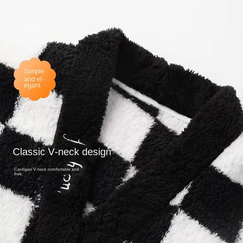 Pajamas For Women Winter Flannel Long Sleeved Open Button Checkered Wool Pajamas Thick Warm Velvet Lady Lovely Sweet Pajamas