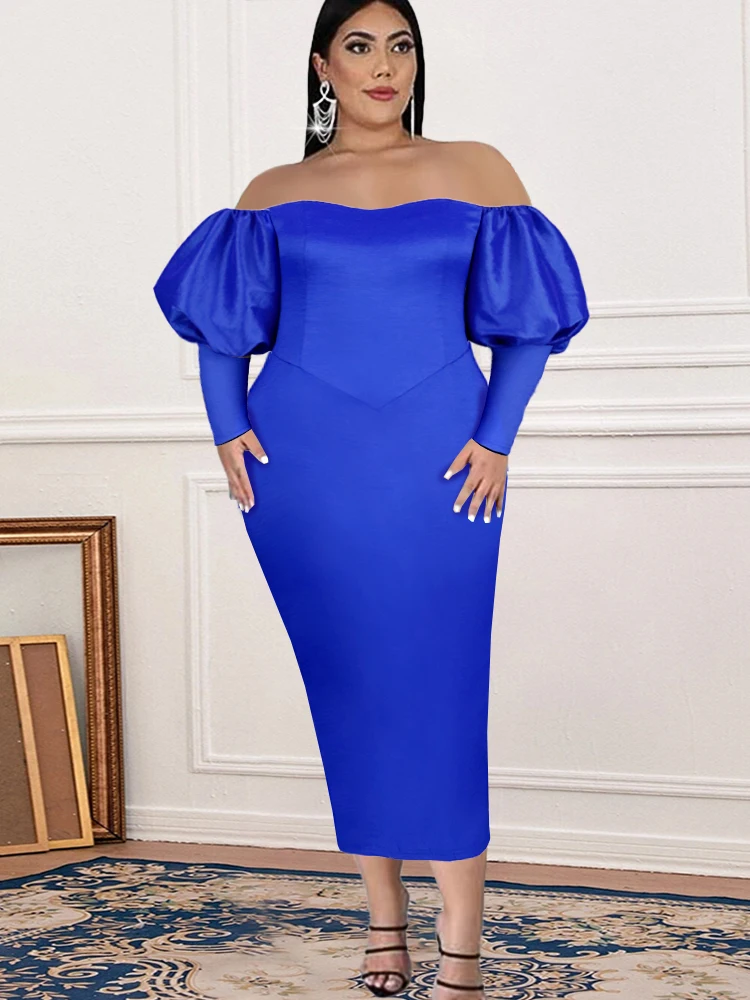 Plus Size Elegant Dress for Women Sexy Blue Tube Top Off Shoulder Long Lantern Sleeve High Waist Bodycon Slim Event Party 4XL
