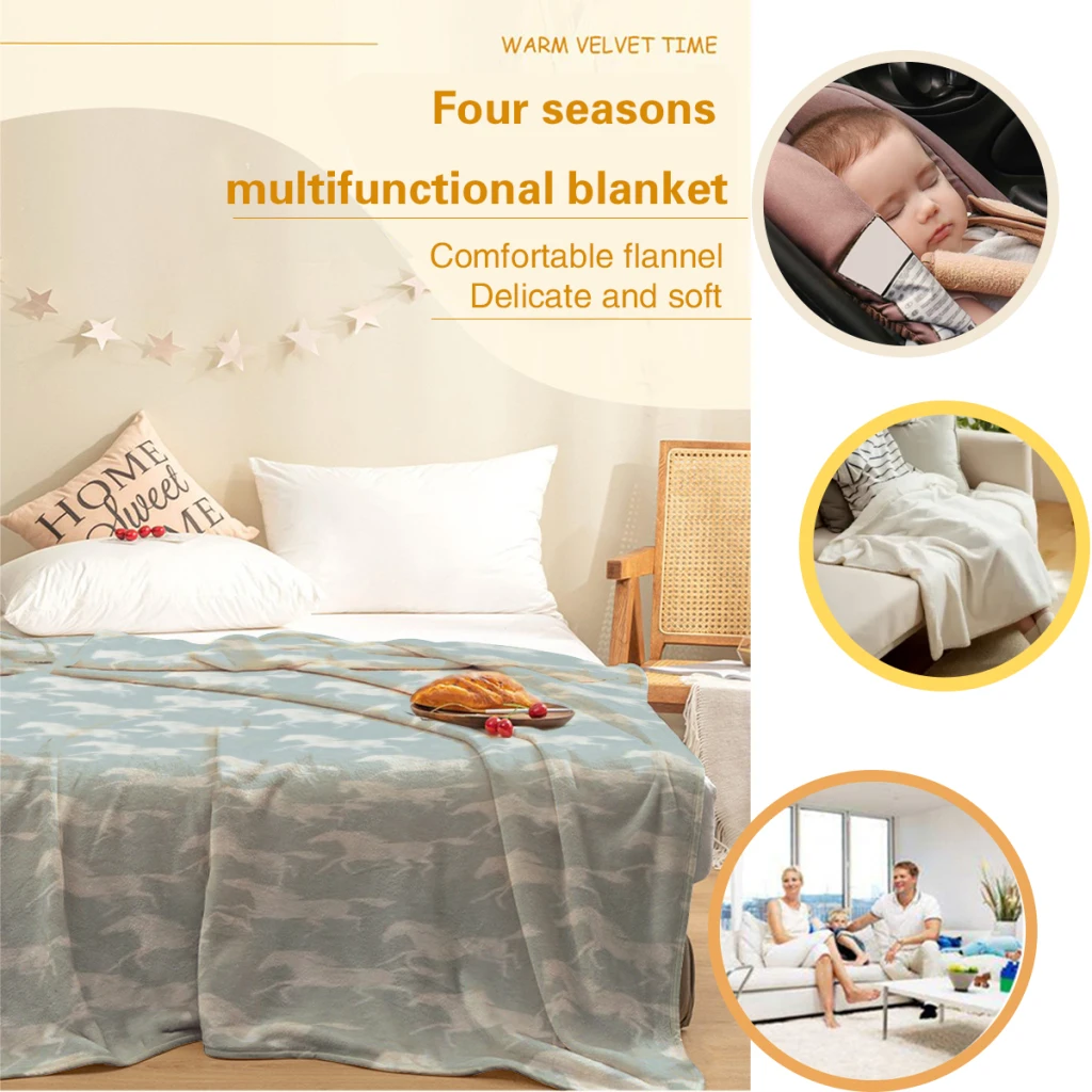 Штамповочные дикие лошади - кремовое на светло-голубом пушистое детское одеяло