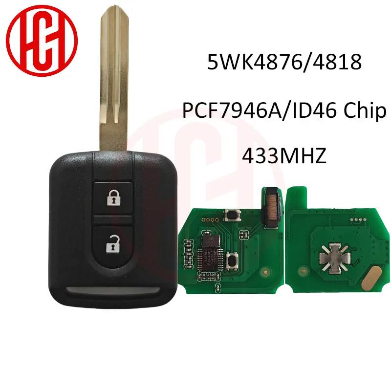 

2 кнопки умный дистанционный ключ от машины 5WK4876/818 433 МГц ID46 чип PCF7946 для Nissan Elgrand X-TRAIL Qashqai Navara Micra Note NV200