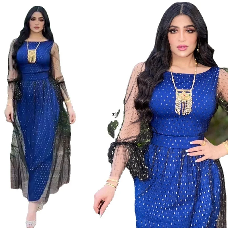 

Mesh Lace Panel Belted Kaftan O-Neck 2022 New Party Evening Dress Muslim Abaya Islam Turkey Jellaba Moroccan Long Dress