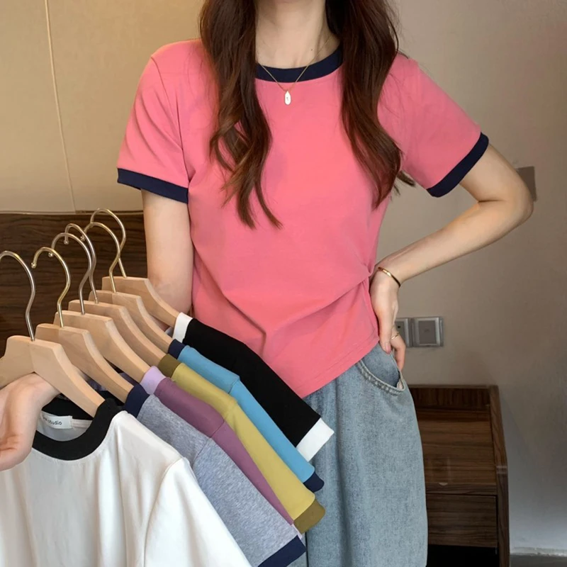 

2023 Summer Unique Irregular Student Girl Top O Neck Short Sleeve Fashion T-shirt Woman Casual T Shirt Tee Tops Solid Colors