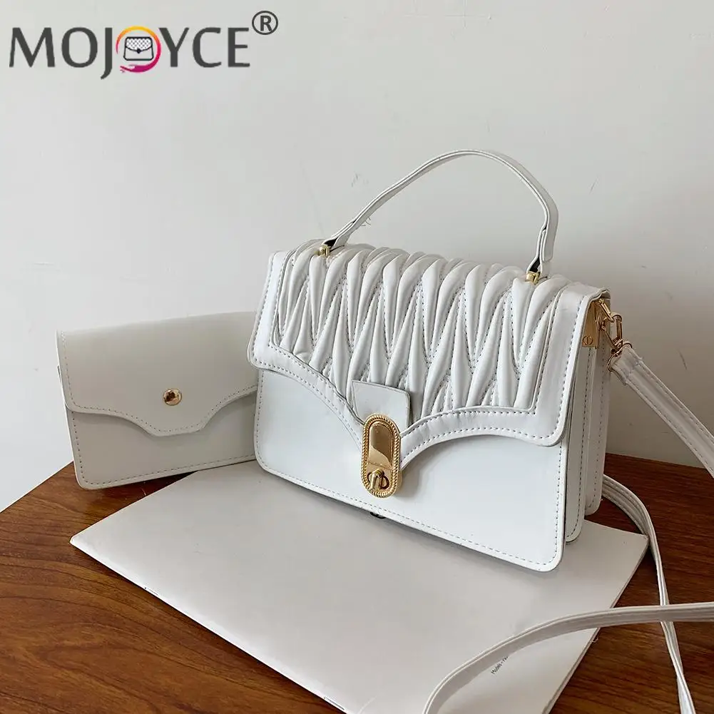 

2pcs Fashion Women Pleated Handbags Luxury Brand PU Leather Buckle Shoulder Crossbody Composite Bags with Small Clutch Purse