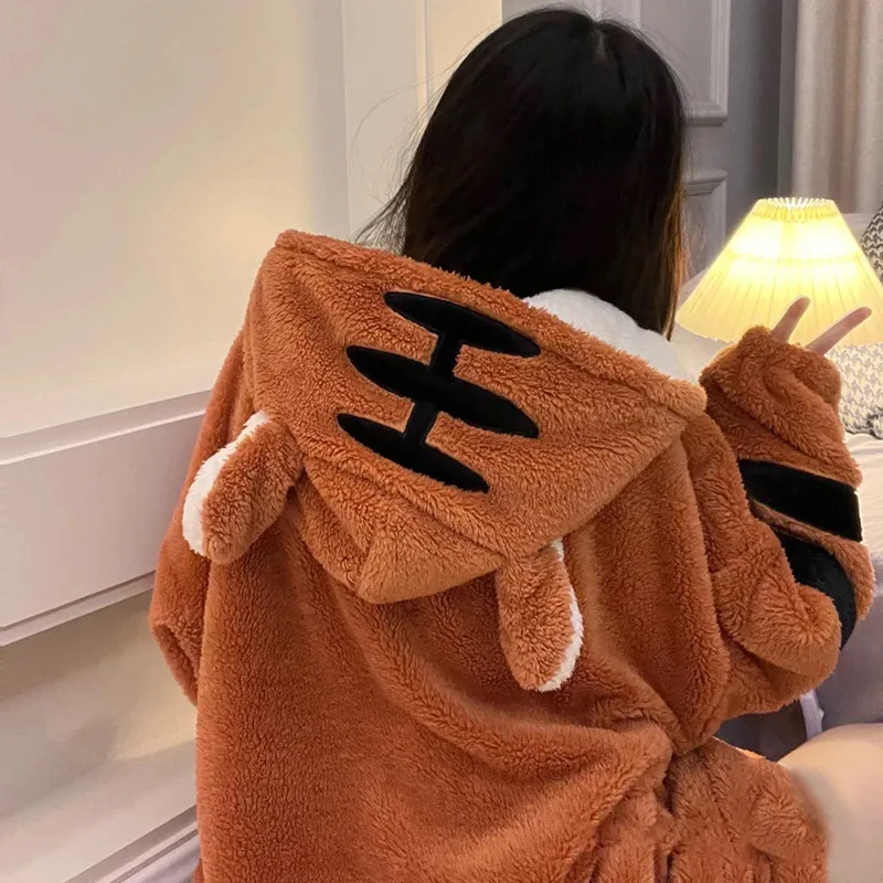 Tiger Bathrobe Soft Hooded Robes Cute Women's Pajamas Nightgown Flannel Kimono Bath Robe for Girls Animal Sleepwear For Winter