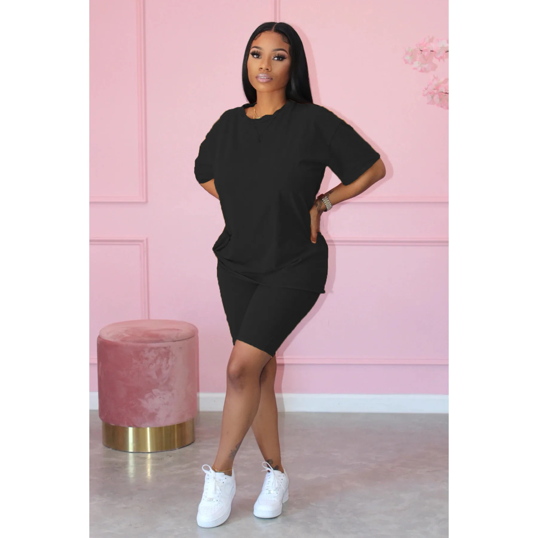 

Casual Summer Solid Colors Cotton Loose Plus Size T-Shirt Shorts Two-Piece Set 2023 Women'S Fitness Jogging Suit