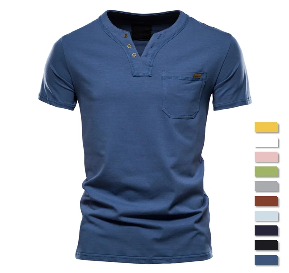 

2023 Summer Quality Cotton T Shirt Men Solid Color Design V neck T shirt Casual Classic Men's Clothing Tops Tee Shirt Men