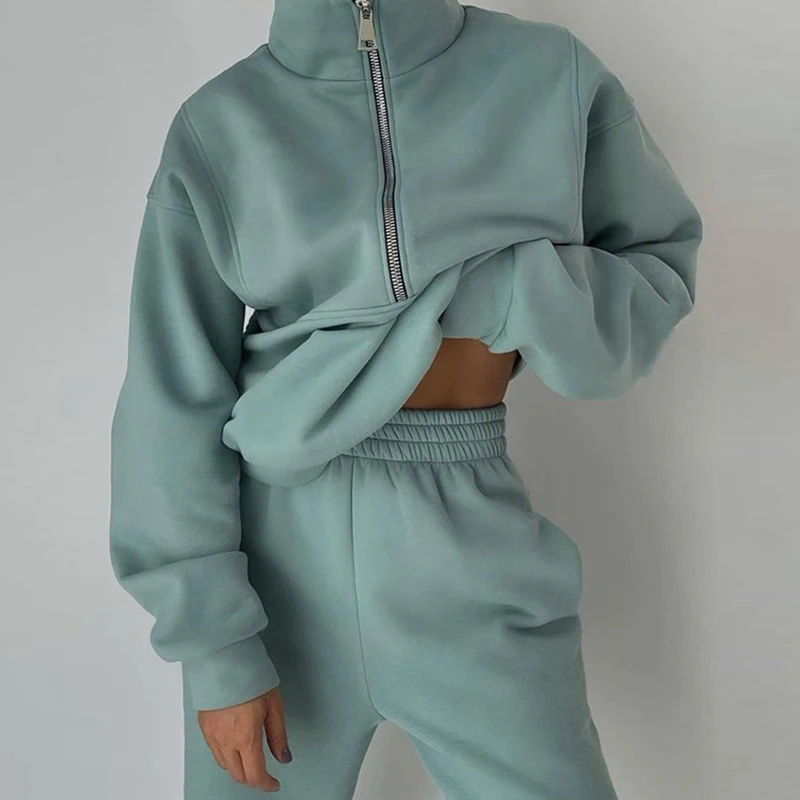 

Autumn Winter Warm Fleece Loose Women Tracksuits Outfits Fashion Zipper Stand Tops + Casual Pants Suits Sweatshirt Two Piece Set