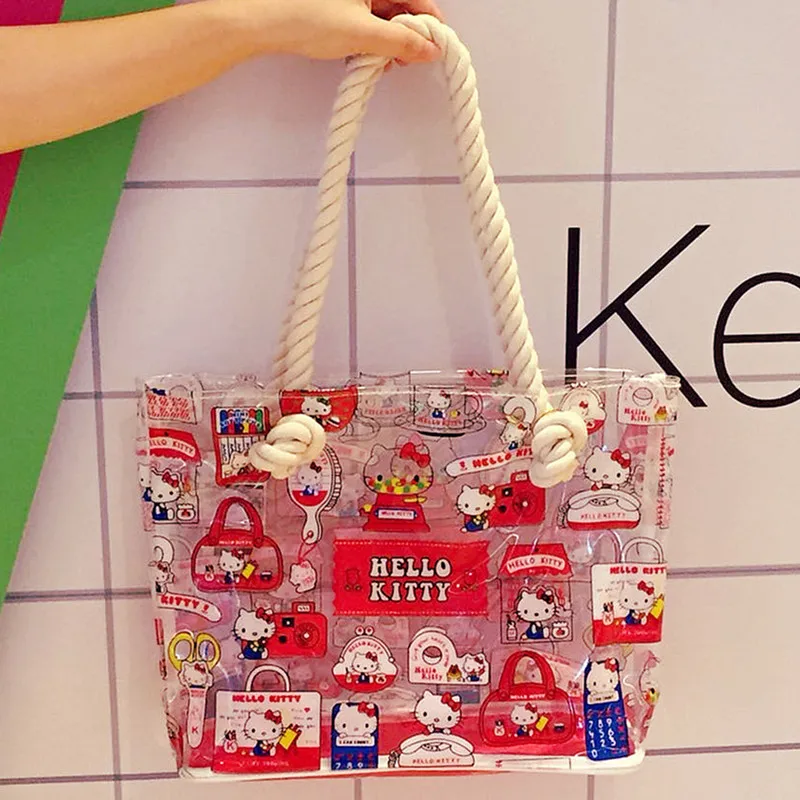 

Kawaii Hello Kitty Cartoon Transparent PVC Waterproof Bag Swim Bag Casual Beach Storage Bag Handbag for Women