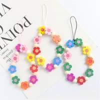 new colorful wood beads chain mobile phone rope anti lost handmade cord lanyard jewelry bracelet keychain flower cellphone chain