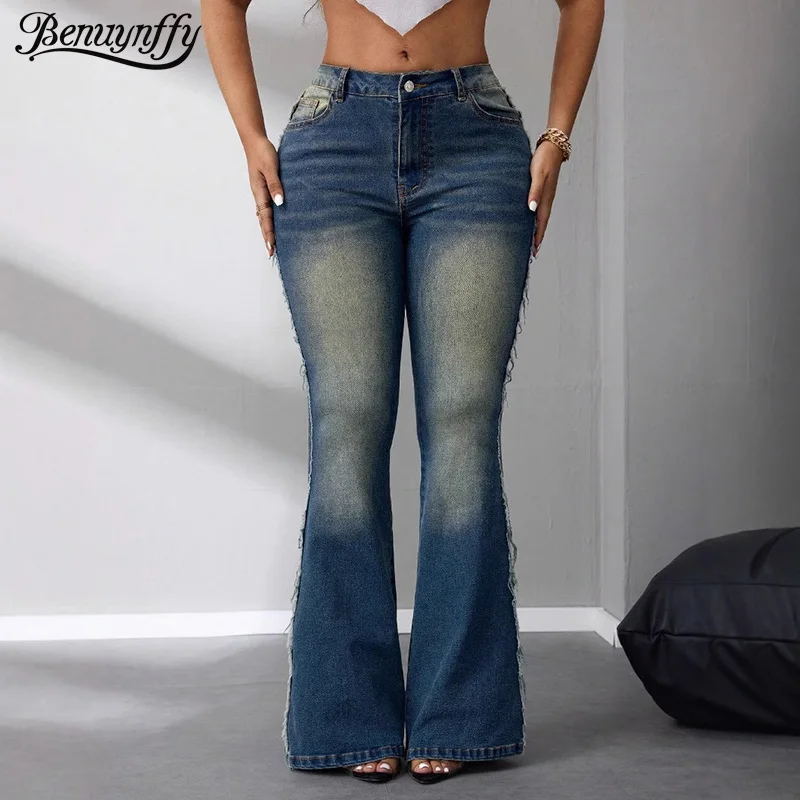 Benuynffy уличная одежда расклешенные джинсы с необработанной отделкой женские в