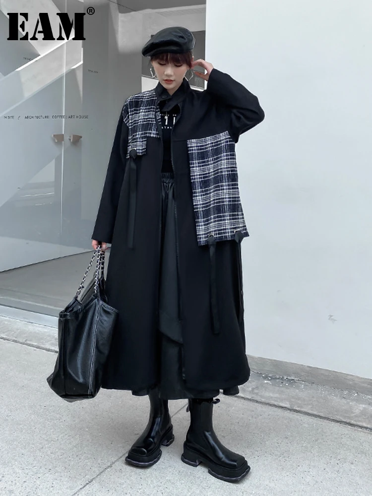 

[EAM] Women Black Plaid Big Size Long Trench New Stand Collar Long Sleeve Windbreaker Fashion Tide Spring Autumn 2023 1DF2265