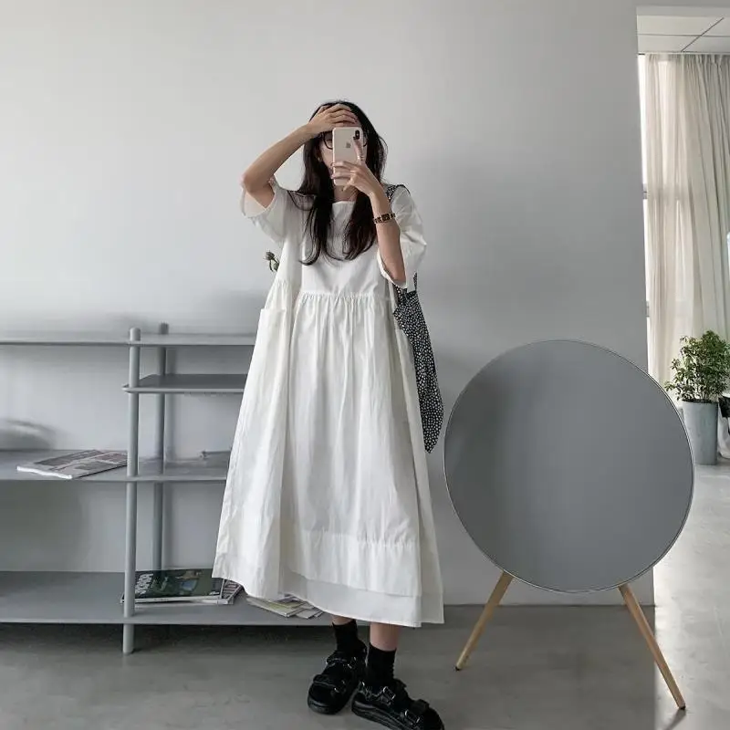

Women's Summer Short Sleeve Dress 2023 Korea Fashion Elegant White Black O-neck Young Ladies Long Loose Dress Women Midi Dress