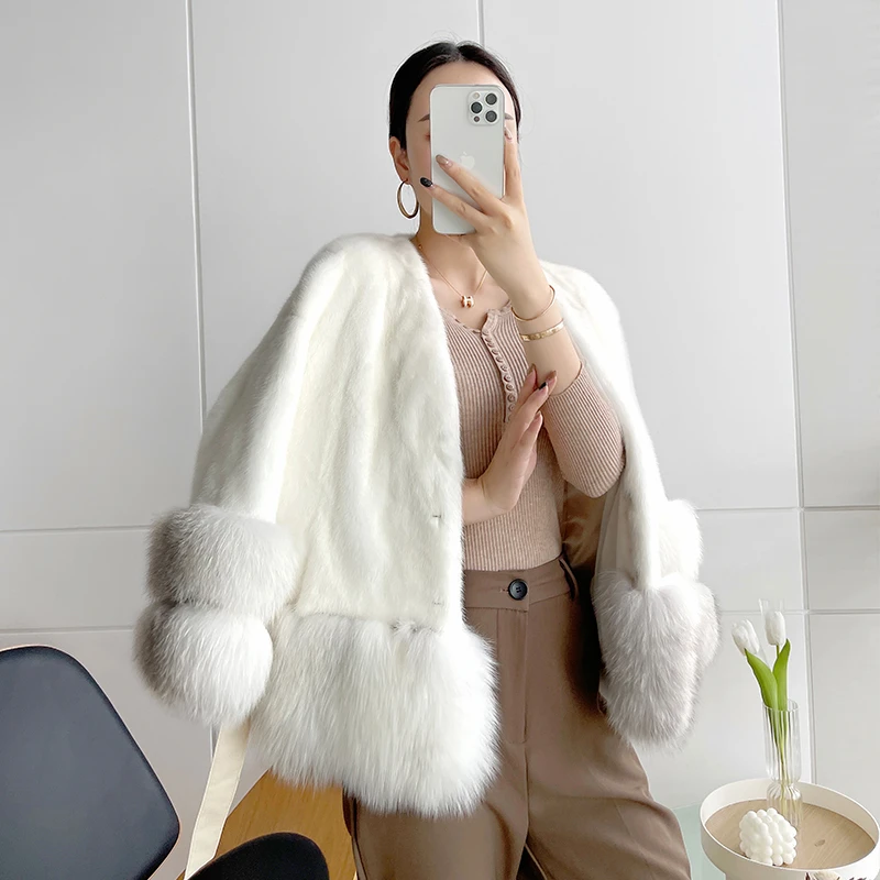 2022 Winter New Women Natural Mink Fur Coats With Real Fox fur Warm Short Mink Fur Jackets For Female Real Fur Coats