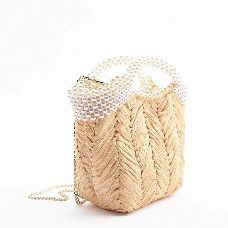 New imitation pearl one-shoulder straw woven bag hand-woven women's fashion beach |