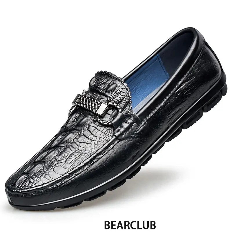 BEARCLUB Real Leather Slip On Men Dress Shoes Man Casual Loafers Business Office Footwear Soft Classic Leather Driving Flats
