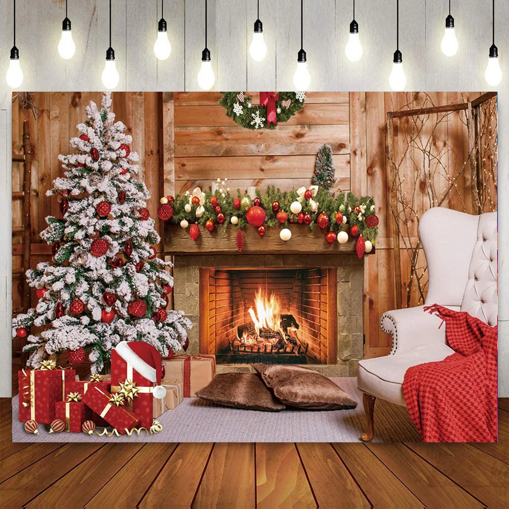 Christmas Backdrop Fireplace Wood Wall Xmas Trees Photography Background Eve Photoshoot for Kids Child Family Party Decoration