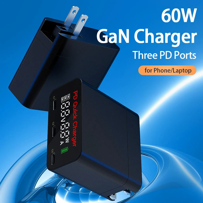 

GaN 60W Type USB C Charger PD 20W 45W Quick Charge QC 3.0 3 In 1 Multi Port Power Adapter AU EU UK Plug for Macbook Huawei Xiaom
