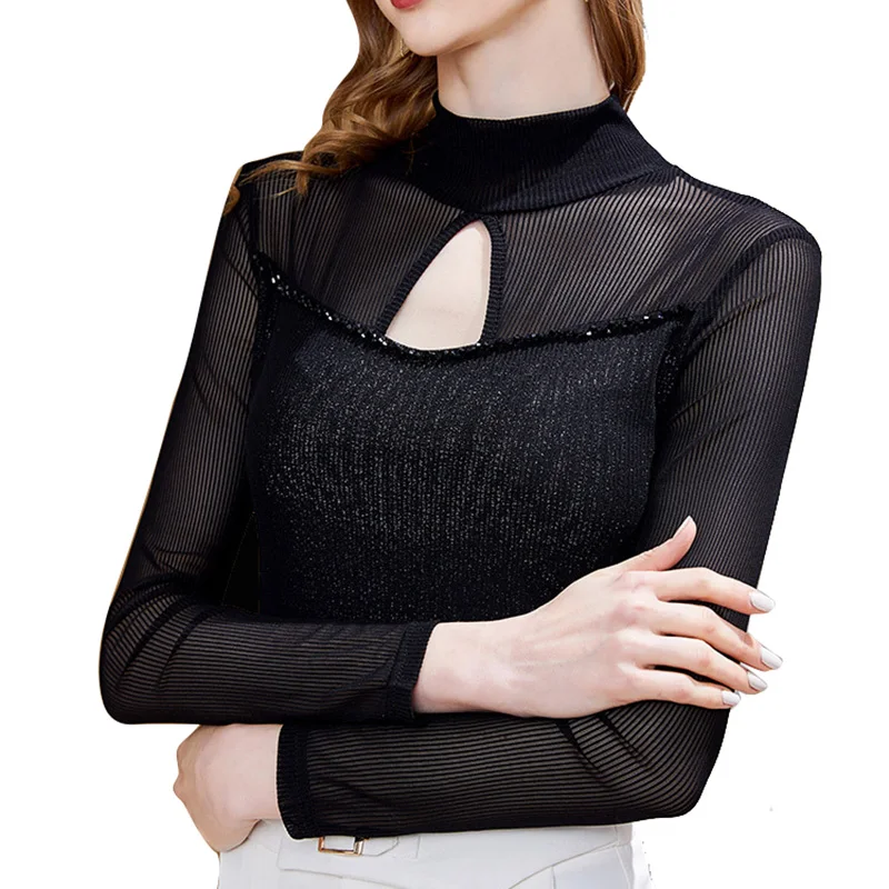 Женская Сетчатая футболка с длинным рукавом черная Повседневная большого