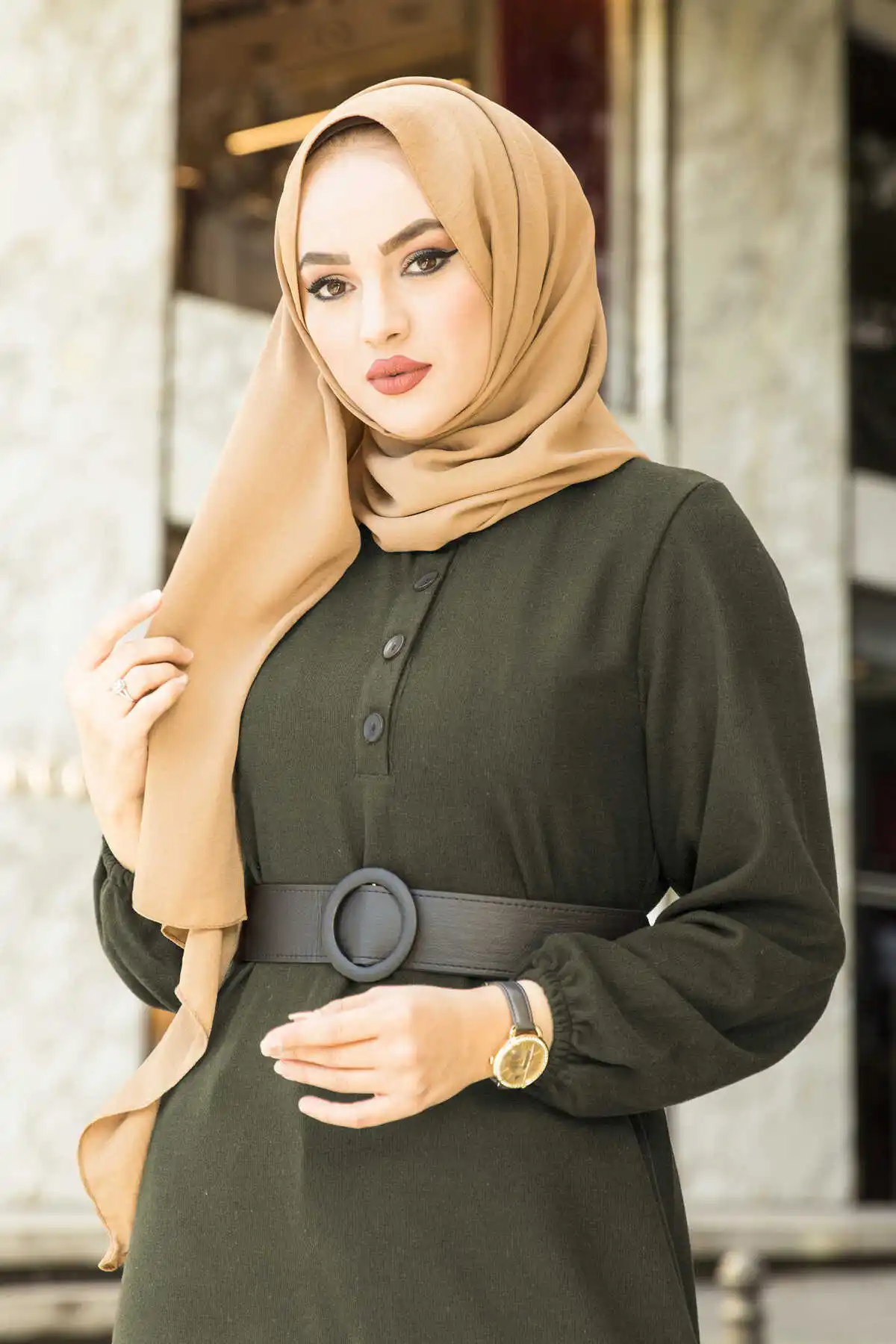 Frilly Knitwear Dress-Khaki