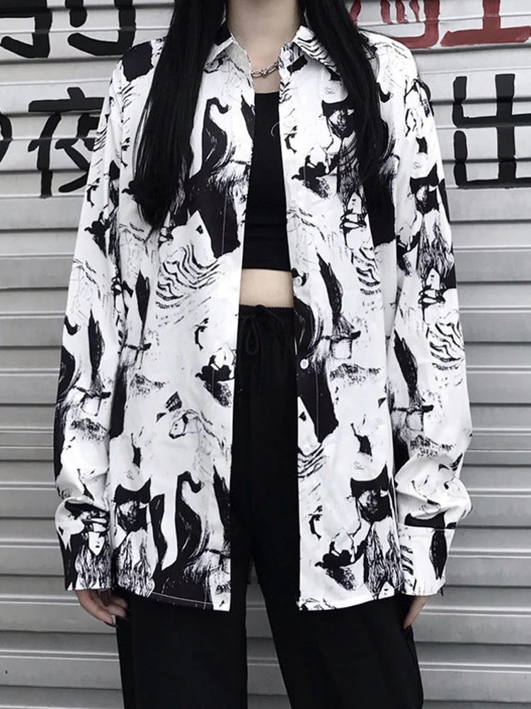 Deeptown Cartoon Anime Shirts Women Harajuku Vintage Printed Blouses Korean Loose Button Up Shirt Women Cardigan Top Streetwear