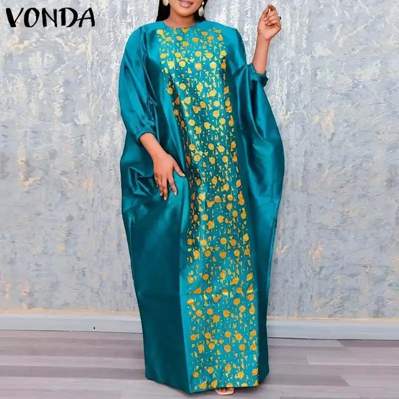

Повседневное платье VONDA 2022 с круглым вырезом и рукавом летучая мышь, весенние Плиссированные Длинные Макси платья, Осенние халаты большого ...