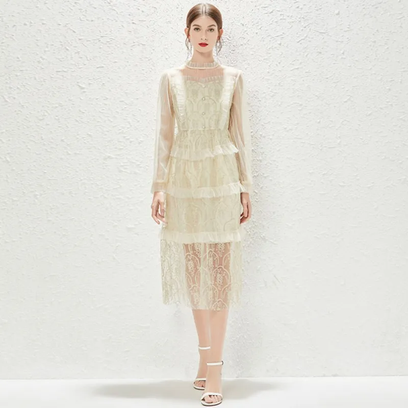 

2022 Summer Runway Dress Fashion Lace Mesh Patchwork Embroidered O Neck Long Sleeve Dresses vestidos