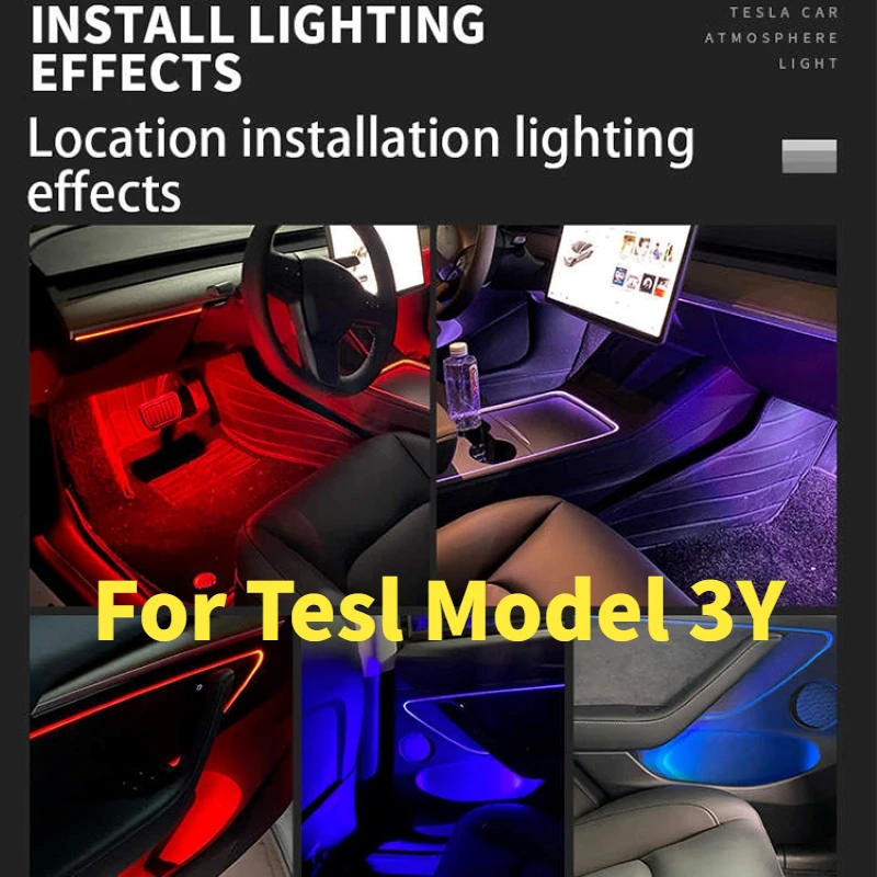 

2019-2022 Tesla Model 3 Y Interior Ambient Lights Car Led RGB Neon Ambience Light Strip Fiber Optic With App Controlled