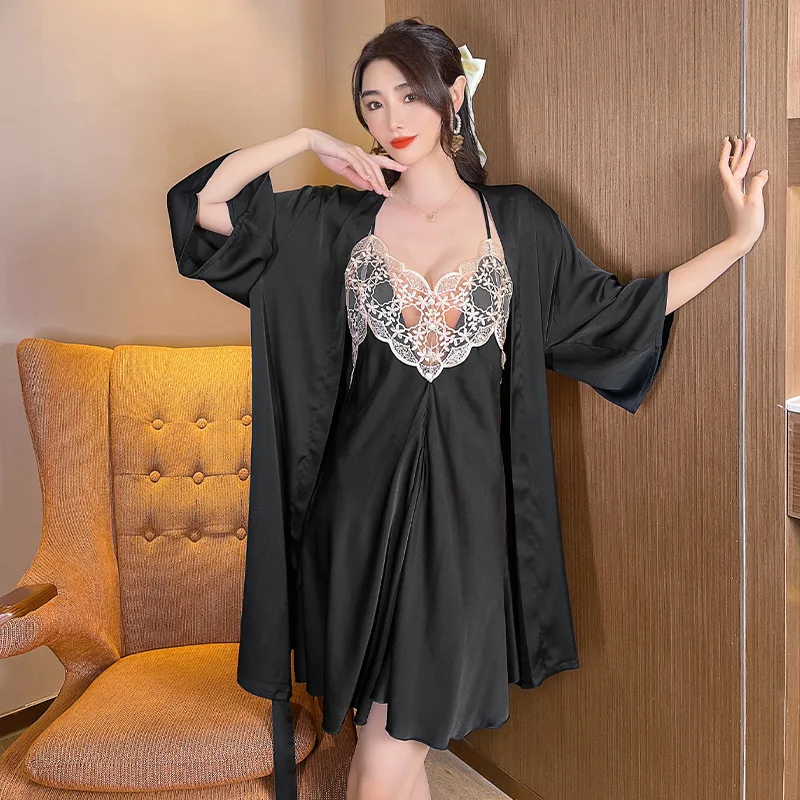 

2PCS Kimono Bathrobe Sexy Nightgown Perspective Lace Robe Set Nightwear Casual Intimate Lingerie Female Homewear Sleepwear