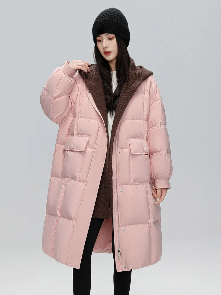 

2023 Женская одежда, вязаное длинное повседневное модное утепленное пуховое пальто с капюшоном, новинка зимы 1022